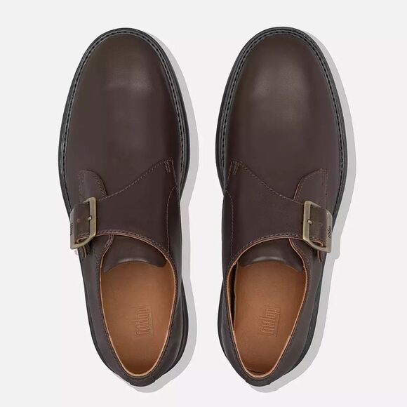 FitFlop HAGEN Mens Leather Monk Shoes - Brown with Brass Derby Buckle | Size 12 main image 8